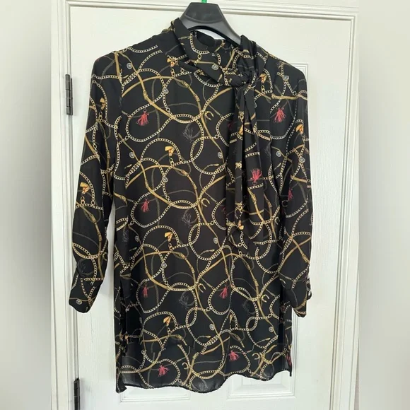 Zara Chain Tassel Horse & Jewel Pattern Tie Neck Tunic XL - Picture 5 of 11